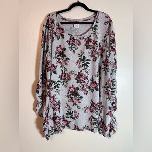 Terra and Sky Women's Gray Floral Knit Ruffle Tunic Shirt Long Sleeve 3X 24/26